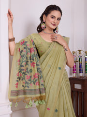 Tulsi Mist Pista Muga Cotton Jamdani Saree